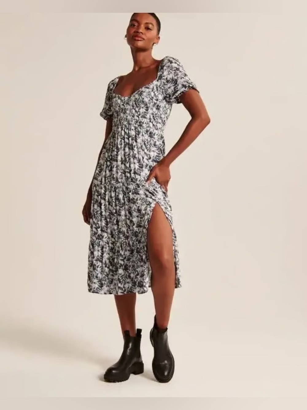 Abercrombie and Fitch Smocked Puff-Sleeve Midi Dress size XS